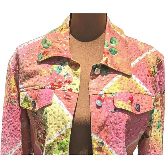 Redd Jeans Trucker Jacket 4 Abstract Floral Iridescent Sequins Cottagecore Artsy - Picture 14 of 16